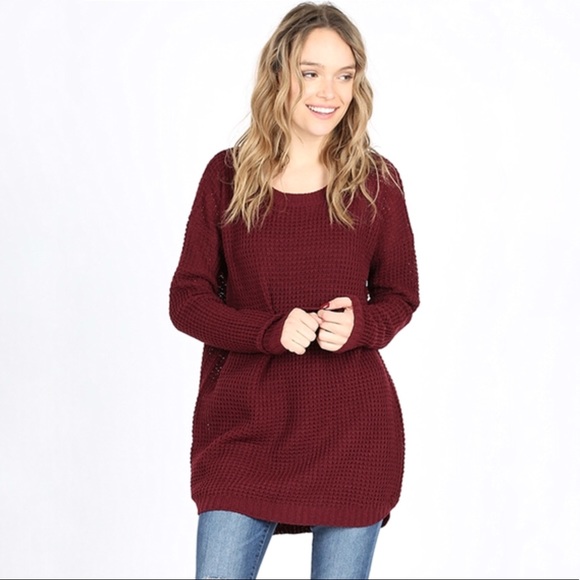 Sweaters - Burgundy Waffle Knit Round Neck Sweater